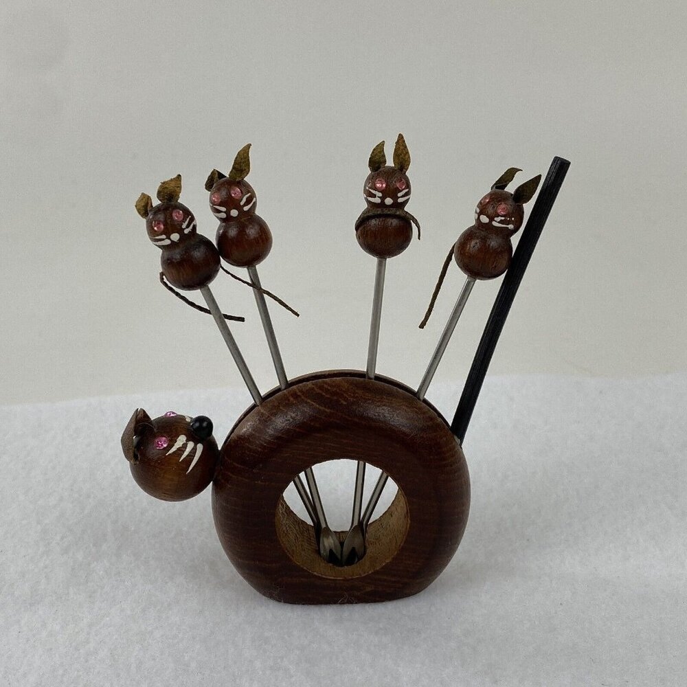 Teak Wood Figural Cat Fork Holder with 4 Appetizer Cocktail Forks Denmark MCM